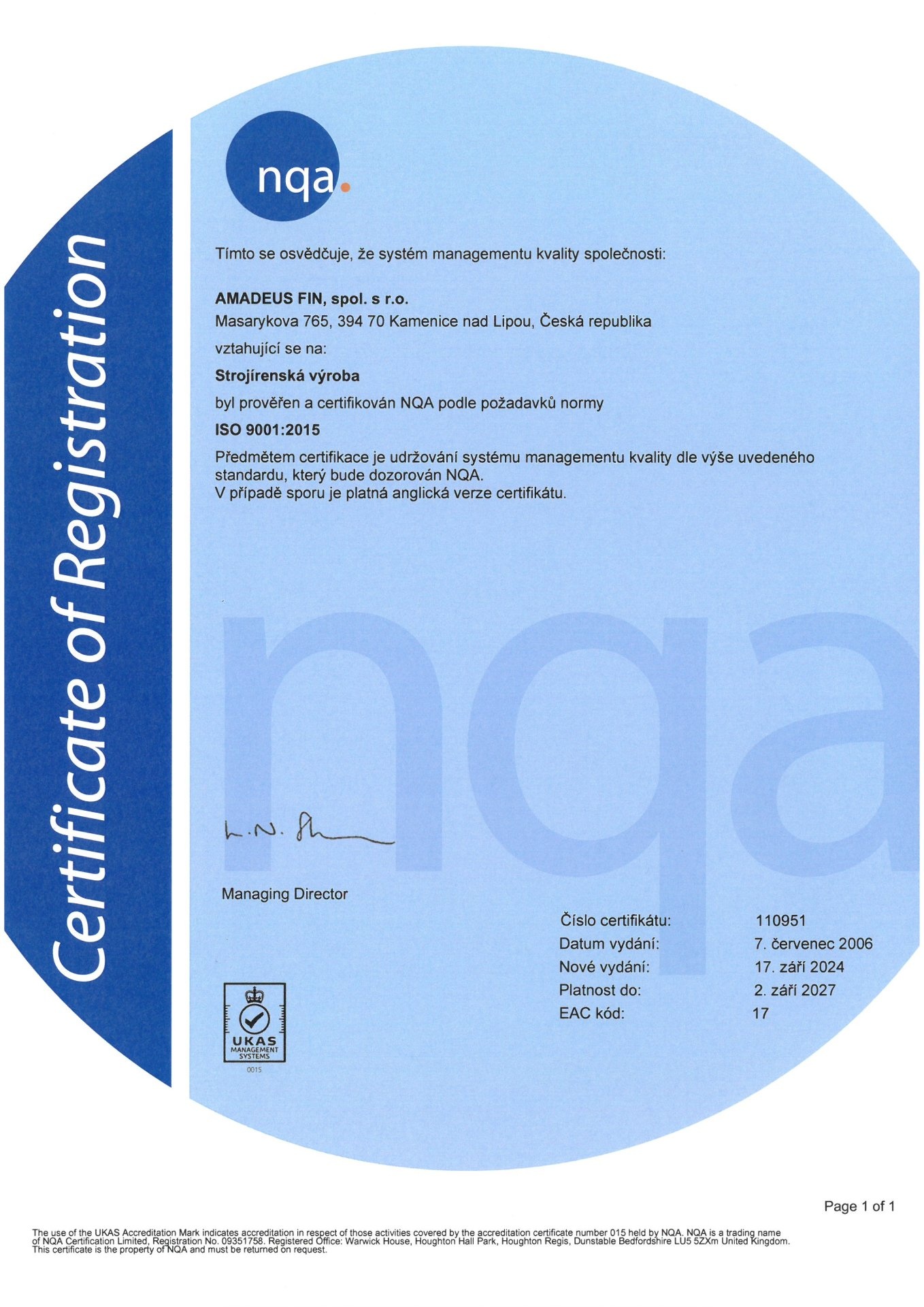 Certifikát ISO 9001:2015 společnosti AMADEUS FIN